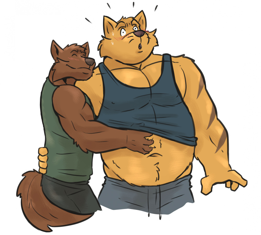 2024 anthro belly_rub belly_tuft biceps blue_clothing blue_shirt blue_tank_top blue_topwear blush bodily_fluids bottomwear chance_furlong closed_eyes clothed clothing deltoids domestic_cat duo felid feline felis grin hanna-barbera hi_res hug jake_clawson male male/male mammal manly musclegut muscular navel nipple_outline obenpanda pants pecs raised_clothing raised_shirt raised_topwear shirt simple_background slightly_chubby smile standing surprise surprised_expression swat_kats sweat tank_top topwear triceps tuft white_background