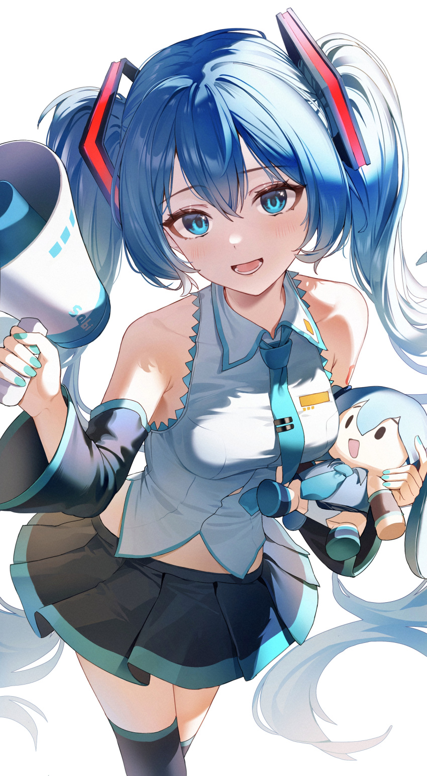 :d absurdres aqua_nails aqua_necktie armpit_crease bare_shoulders black_skirt black_sleeves black_thighhighs blue_eyes blue_hair blush character_doll chinese_commentary collarbone commentary_request cowboy_shot detached_sleeves female fingernails hair_between_eyes hatsune_miku highres holding holding_megaphone long_hair looking_at_viewer lower_teeth_only megaphone miniskirt nail_polish necktie oeuia open_mouth pleated_skirt shirt skirt sleeveless sleeveless_shirt smile solo standing teeth thighhighs tie_clip twintails very_long_hair vocaloid white_shirt