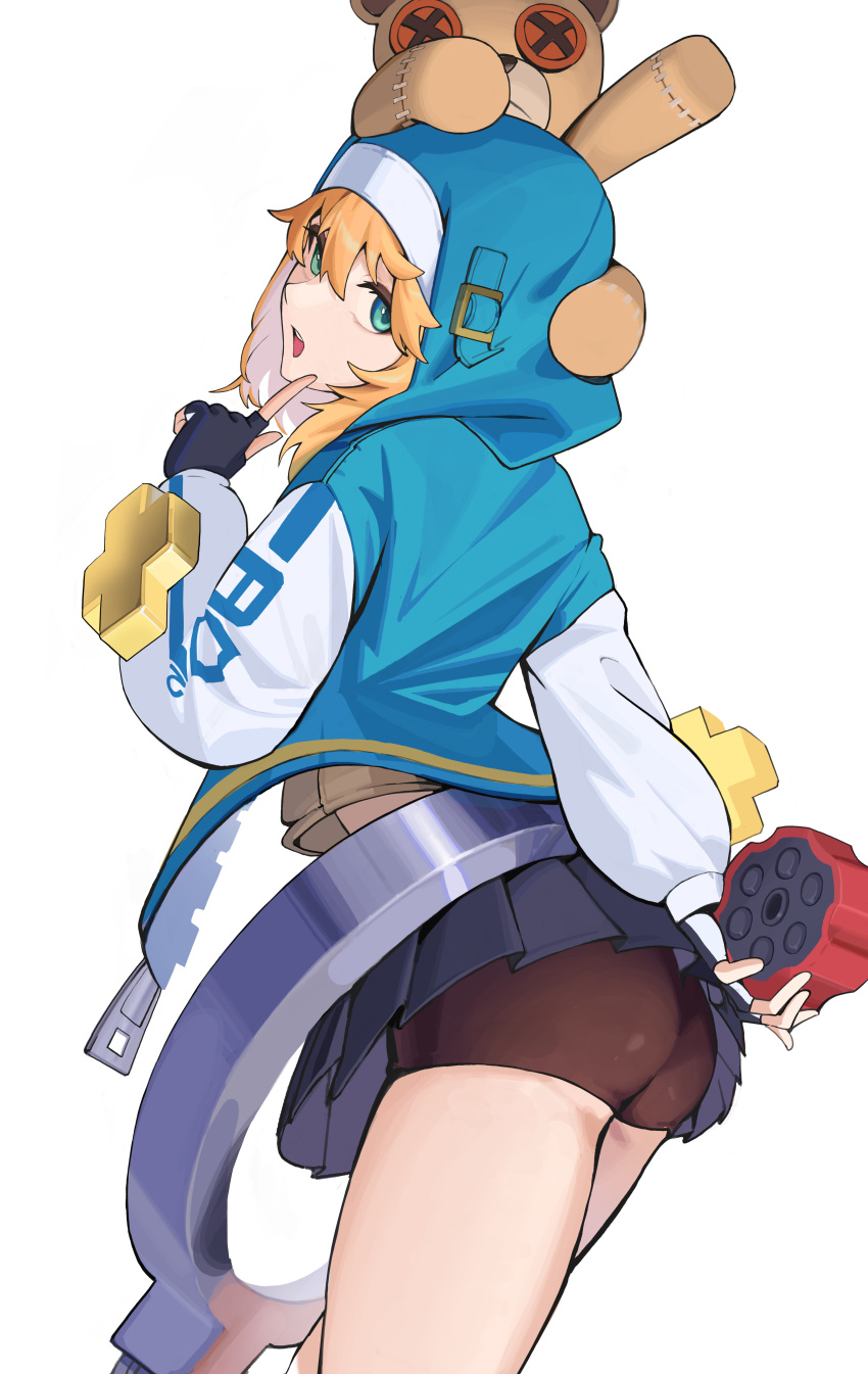 1boy absurdres aqua_eyes ass bike_shorts bike_shorts_under_skirt black_gloves black_skirt blonde_hair blue_jacket bridget commentary cross cuffs ddul_(hauluimubingoj1) fingerless_gloves gloves guilty_gear guilty_gear_strive habit handcuffs highres hood hood_up hooded_jacket jacket long_sleeves looking_at_viewer male_focus medium_hair open_clothes open_mouth otoko_no_ko roger_(guilty_gear) simple_background skirt solo stuffed_animal stuffed_toy teddy_bear yo-yo