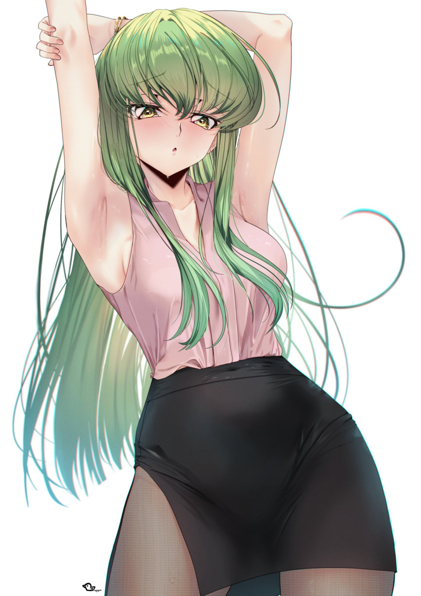 :o arm_above_head armpit_crease armpits arms_up black_pantyhose black_skirt blush breasts budgiepon c.c. code_geass collarbone cowboy_shot embarrassed female gold_armlet grabbing_own_arm green_eyes green_hair highres jewelry long_hair looking_at_viewer medium_breasts nail_polish no_bra office_lady pantyhose pencil_skirt pink_nails pink_shirt shiny_skin shirt shirt_tucked_in sidelocks simple_background skirt sleeveless sleeveless_shirt solo sweat sweatdrop thighs white_background