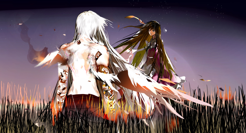 2girls absurdres back black_eyes black_hair black_pants black_sky blood cowboy_shot cuts feathered_wings fire fujiwara_no_mokou grass highres houraisan_kaguya injury li_ye_(bakugokatsuki) long_hair looking_at_another multiple_girls ofuda open_mouth pants purple_shirt shirt single_wing sky smoke star_(sky) starry_sky topless touhou very_long_hair white_hair white_wings wings