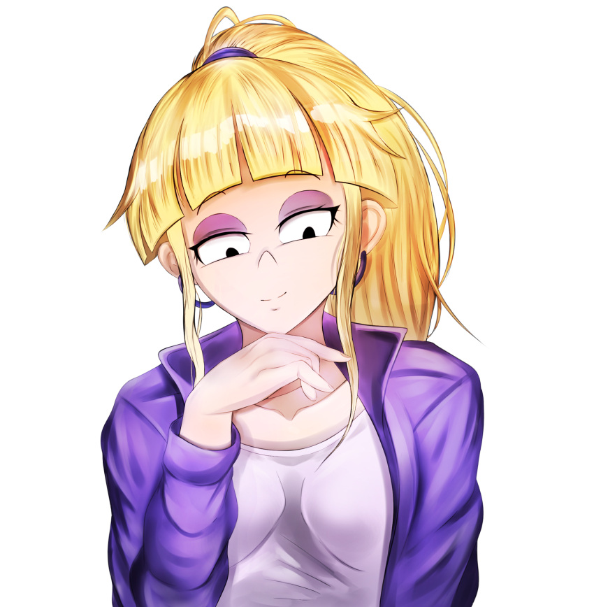 blonde_hair blue_eyes blunt_bangs breasts closed_mouth earrings eyeshadow female gravity_falls hairband highres hoop_earrings jaferxx jewelry long_hair looking_at_viewer makeup pacifica_northwest shirt side_ponytail