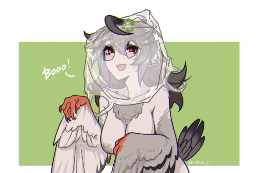 ahoge animal_ears bag bag_on_head bird_ears bird_tail black_hair blush breasts chest_tuft claws commentary english_commentary feather_censor feathered_wings female grey_feathers grey_wings harpy highres large_breasts looking_at_viewer messy_hair monster_girl open_mouth orange_eyes original plastic_bag shinbun_n solo tail uli_(shinbun_n) winged_arms wings