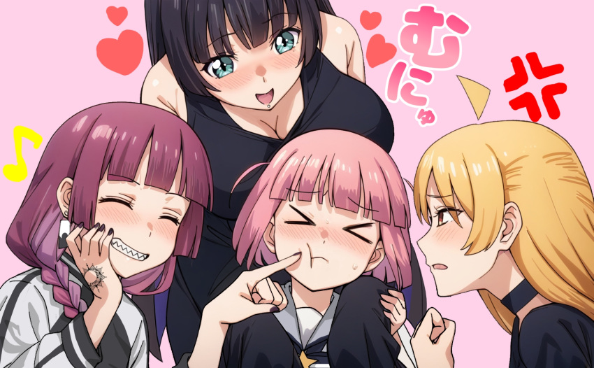 >_< 4girls :t ahoge anger_vein black_choker black_dress blonde_hair blunt_bangs bob_cut bocchi_the_rock! breasts brown_eyes choker cleavage closed_eyes closed_mouth detached_ahoge dress finger_to_another's_cheek gotoh_futari highres hiroi_kikuri ijichi_seika jacket large_breasts looking_at_another multiple_girls pa-san pink_hair pout purple_hair ryuhirohumi sharp_teeth short_hair teeth translation_request white_jacket