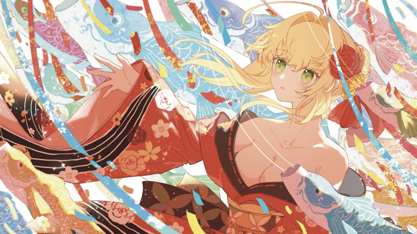 :o ahoge alternate_costume bare_shoulders blonde_hair braid braided_bun breasts cleavage collarbone dated fate/grand_order fate_(series) female floral_print floral_print_kimono flower green_eyes hair_between_eyes hair_bun hair_flower hair_intakes hair_ornament hair_ribbon hand_up highres japanese_clothes kimono koinobori long_sleeves looking_ahead medium_breasts nero_claudius_(fate) obi obijime off_shoulder orange_flower orange_rose outstretched_arm parted_lips print_sash red_flower red_kimono red_ribbon red_rose ribbon rose sash signature solo sunfish3939 upper_body wide_sleeves wind windsock