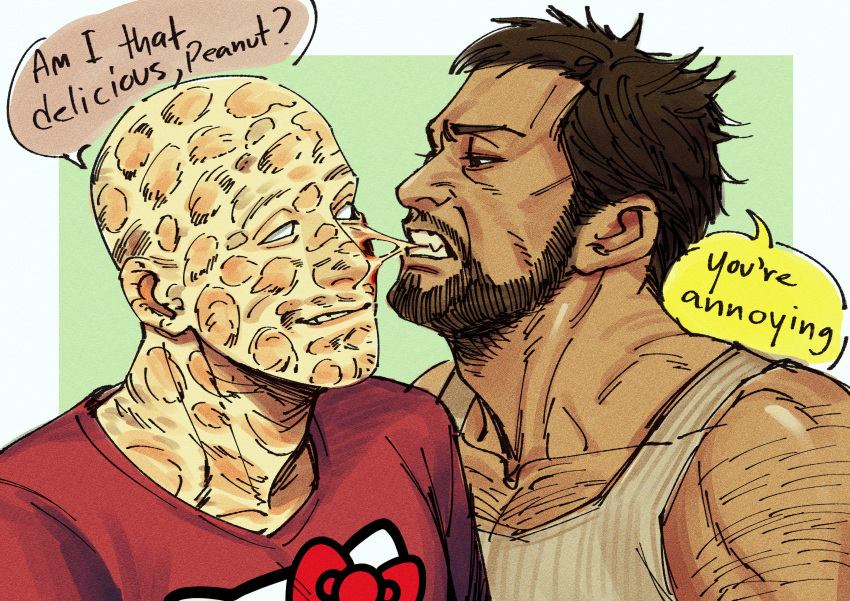 2boys absurdres arm_hair bald beard biting biting_cheek blood brown_hair chest_hair collarbone deadpool deadpool_&_wolverine deadpool_(series) english_commentary english_text facial_hair hello_kitty hello_kitty_(character) highres injury looking_at_another male_focus marvel marvel_cinematic_universe mature_male multiple_boys muscular muscular_male nibbling pectorals photo-referenced sanrio scar scars_all_over shirt short_hair smirk speech_bubble t00_far tank_top teeth white_tank_top wolverine_(x-men) x-men yaoi