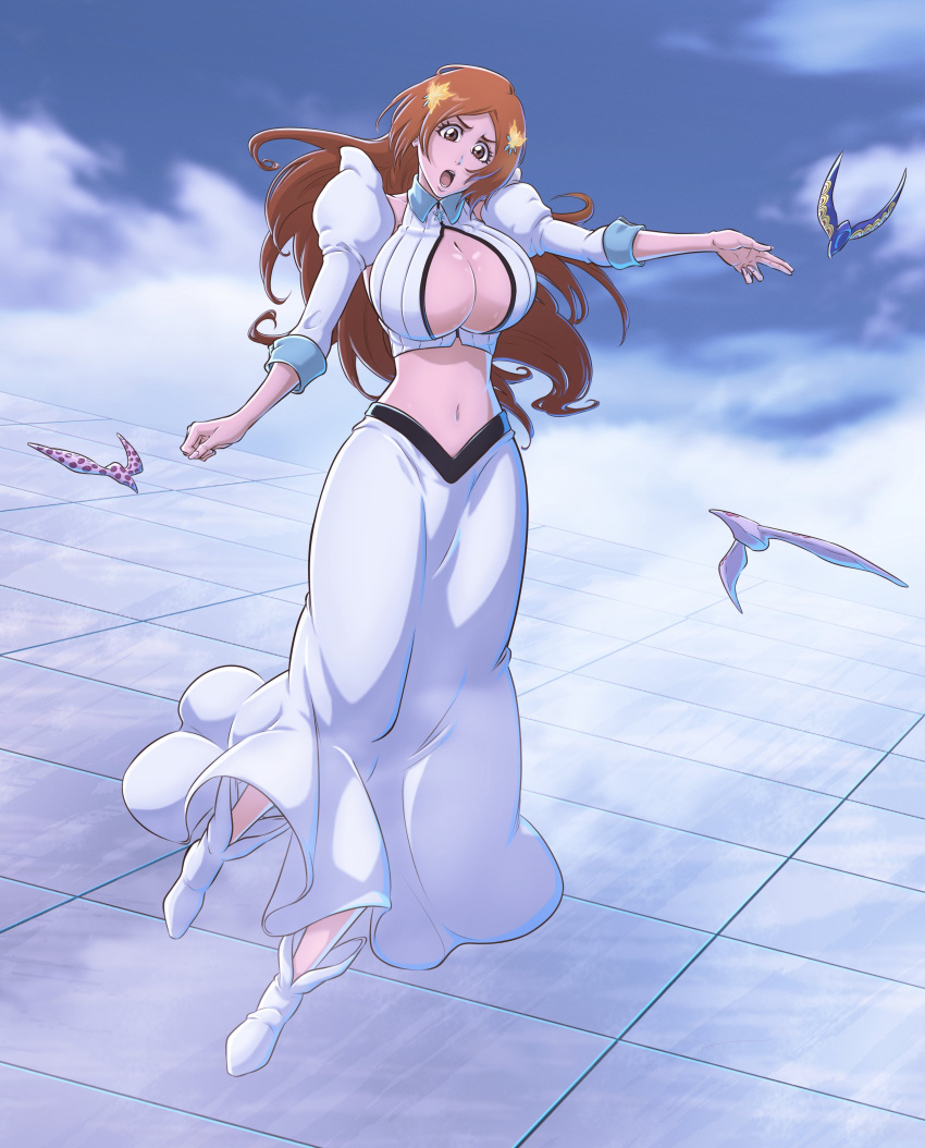 absurdres bleach bleach:_sennen_kessen-hen breasts brown_eyes cleavage dress female hair_ornament highres huge_breasts inoue_orihime long_dress long_hair looking_at_viewer navel official_style open_mouth orange_hair parted_bangs puffy_sleeves solo sonzhondaya white_dress