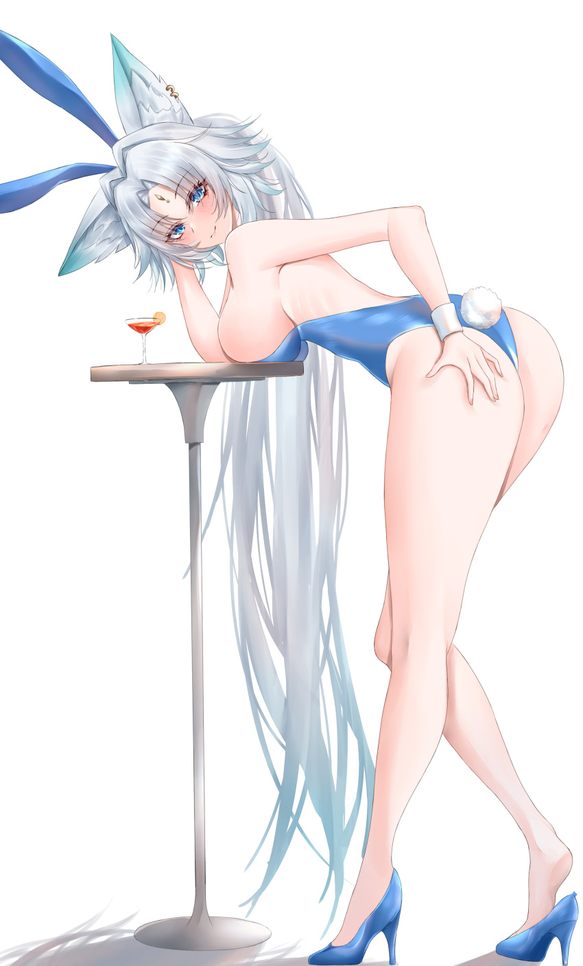 absurdres animal_ear_fluff animal_ears aqua_hair ass bent_over blue_eyes blue_footwear blue_leotard blush breast_rest breasts breasts_on_table closed_mouth cocktail colored_tips earrings eyelashes fake_animal_ears feixiao_(honkai:_star_rail) female forehead_jewel fox_ears fox_girl from_side grey_hair hand_on_own_ass high_heels highres honkai:_star_rail honkai_(series) jewelry large_breasts leotard long_hair looking_at_viewer match_(scp115) multicolored_hair playboy_bunny rabbit_ears rabbit_tail shadow sideboob smile solo tail very_long_hair white_wrist_cuffs wrist_cuffs