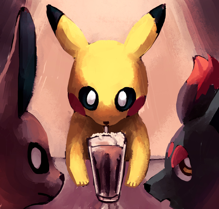 2015 absurd_res ambiguous_gender black_body black_eyes black_nose brown_body cheek_spots container cup digital_media_(artwork) drinking drinking_straw eevee feral flavia-elric furniture generation_1_pokemon generation_5_pokemon glass glass_container glass_cup group hi_res looking_at_viewer mouth_closed nintendo open_mouth pikachu pokemon pokemon_(species) pupils red_cheeks table trio white_pupils white_sclera yellow_body zorua