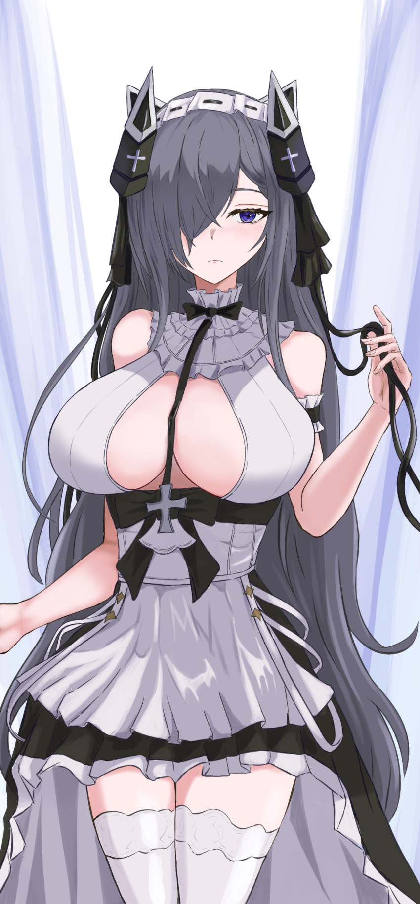 absurdres apron arm_garter august_von_parseval_(azur_lane) august_von_parseval_(the_conquered_unhulde)_(azur_lane) azur_lane between_breasts black_bow black_bowtie black_dress black_horns black_ribbon bow bowtie breasts cleavage cleavage_cutout closed_mouth clothing_cutout commentary cross cross-laced_clothes cross-laced_dress curled_horns dragon_girl dragon_horns dress female fingernails frilled_apron frilled_dress frilled_garter frilled_skirt frills fuyuame5089 hair_over_one_eye hair_ribbon highres holding holding_ribbon horns iron_cross lace-trimmed_thighhighs lace_trim large_breasts long_hair maid maid_headdress mechanical_horns official_alternate_costume one_eye_covered purple_eyes purple_hair ribbon shirt simple_background skirt solo standing strap_between_breasts thighhighs thighs very_long_hair white_apron white_shirt white_thighhighs