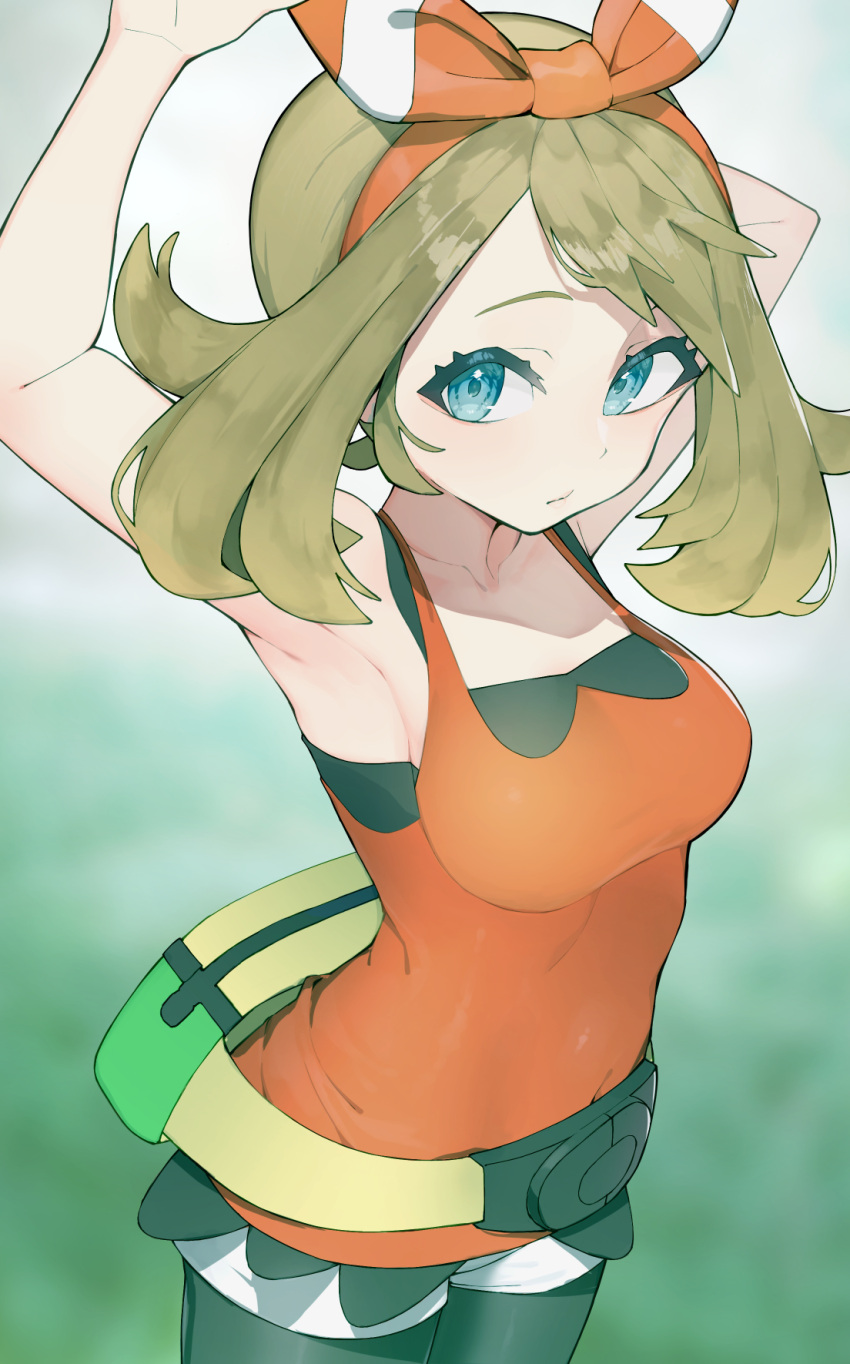 arm_up armpits blue_eyes blurry blurry_background bow breasts brown_hair commentary fanny_pack female hairbow highres looking_at_viewer may_(pokemon) pokemon pokemon_oras red_bow red_shirt rindoriko shirt short_hair sleeveless sleeveless_shirt solo