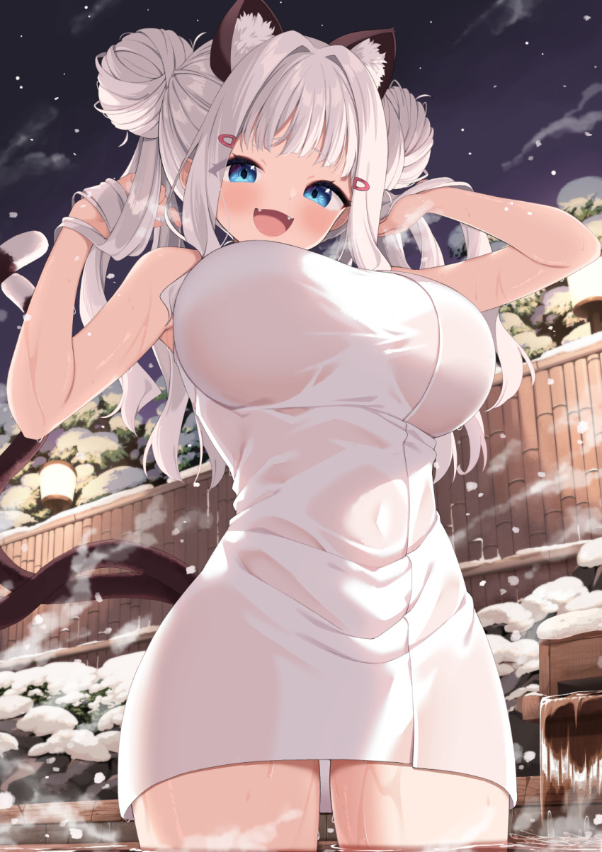 :d animal_ear_fluff animal_ears arms_up blue_eyes blush breasts cat_ears cat_girl cat_tail covered_navel cowboy_shot double_bun extra_ears fangs female fence from_below hair_bun hair_ornament hairclip hands_in_hair highres large_breasts looking_at_viewer muku_(muku-coffee) multiple_tails naked_towel night onsen open_mouth outdoors partially_submerged sheeney_(muku) smile snow snowing solo steam tail towel tree twintails two_tails water wet wet_towel white_hair wooden_fence