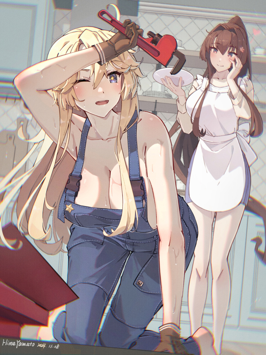 2girls alternate_costume apron arm_support artist_name bare_shoulders blonde_hair blue_eyes breasts brown_eyes brown_hair cleavage closed_mouth commentary_request cup cutting_board dated hair_intakes highres himeyamato holding holding_plate holding_wrench indoors iowa_(kancolle) kantai_collection kitchen kneeling large_breasts long_hair miniskirt multiple_girls naked_overalls one_eye_closed open_mouth overalls plate ponytail purple_skirt sidelocks skirt smile standing star-shaped_pupils star_(symbol) sweat symbol-shaped_pupils toolbox very_long_hair white_apron wiping_sweat wrench yamato_(kancolle)