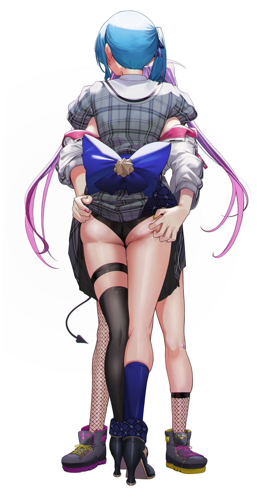 2girls absurdres asymmetrical_legwear back_bow bandaid bandaid_on_knee bandaid_on_leg bilingual_commentary black_footwear black_panties black_thighhighs blue_bow blue_socks bow clothes_lift collared_shirt colored_inner_hair colored_shoe_soles commentary cropped_jacket demon_girl demon_tail english_commentary eredhen fishnet_socks fishnet_thighhighs fishnets frilled_skirt frills from_behind full_body grabbing_another's_ass gradient_hair grey_jacket grey_skirt groping high_heels highres hololive hoshimachi_suisei hoshimachi_suisei_(1st_costume) hug jacket large_bow legs_apart legs_together long_hair miniskirt mismatched_legwear mixed-language_commentary multicolored_hair multiple_girls off_shoulder panties pink_hair pink_jacket plaid_clothes plaid_jacket plaid_skirt pleated_skirt purple_hair shirt shoes single_sock single_thighhigh skirt skirt_lift skirt_set sneakers socks standing streaked_hair tail thigh_strap thighhighs tokoyami_towa tokoyami_towa_(1st_costume) twintails two-sided_fabric two-sided_jacket underwear uneven_legwear virtual_youtuber white_jacket white_shirt yuri