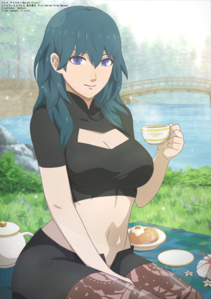 absurdres black_shorts blue_eyes blue_hair breasts byleth_(female)_(fire_emblem) byleth_(fire_emblem) cleavage cleavage_cutout clothing_cutout crop_top cup female fire_emblem fire_emblem:_three_houses highres holding holding_cup light_smile looking_at_viewer medium_breasts midriff navel pantyhose picnic picnic_blanket seiza shorts sitting solo tak0baka teacup