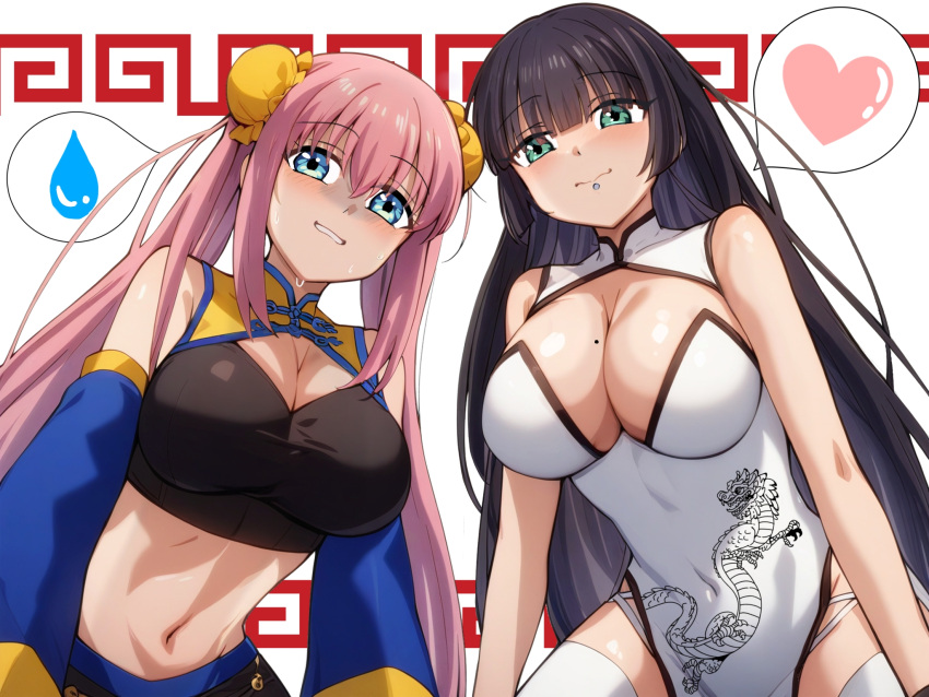 2girls black_hair blue_eyes blush bocchi_the_rock! breasts bun_cover cleavage closed_mouth crop_top double_bun dragon_print dress gotoh_hitori green_eyes hair_bun heart highres large_breasts long_hair meandros midriff mole mole_on_breast mouth_piercing multiple_girls navel pa-san pink_hair print_dress ryuhirohumi simple_background smile spoken_heart spoken_sweatdrop sweatdrop white_background white_dress