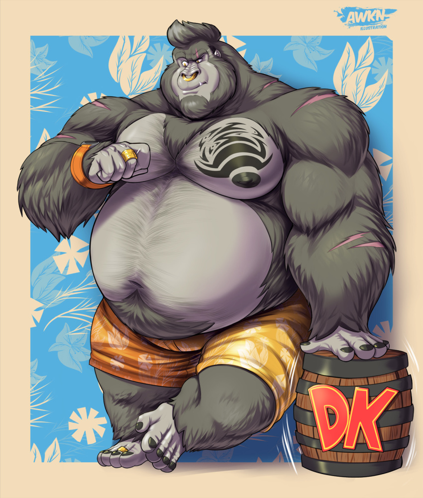 2023 anthro ape awkn_arts barrel belly belly_tuft big_belly body_hair bottomwear chest_tuft clock clothed clothing donkey_kong_(series) facial_piercing fahz_(fahzthegorilla) fur gorilla grey_body grey_fur grey_har hand_on_object haplorhine happy_trail hi_res leaning leaning_on_object looking_at_hand male mammal muscular muscular_anthro muscular_male navel nintendo nipples nose_piercing nose_ring obese obese_anthro obese_male overweight overweight_anthro overweight_male pecs piercing primate ring ring_piercing scar shorts simple_background solo tattoo topless tuft watch wristwatch