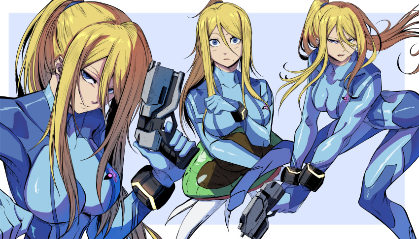 absurdres blonde_hair blue_bodysuit blue_eyes bodysuit breasts commentary energy_gun english_commentary female gun hair_between_eyes highres holding holding_gun holding_weapon jesse_schickler long_hair looking_at_viewer metroid metroid_(creature) mole mole_under_mouth multiple_views parted_lips ponytail ray_gun samus_aran weapon zero_suit