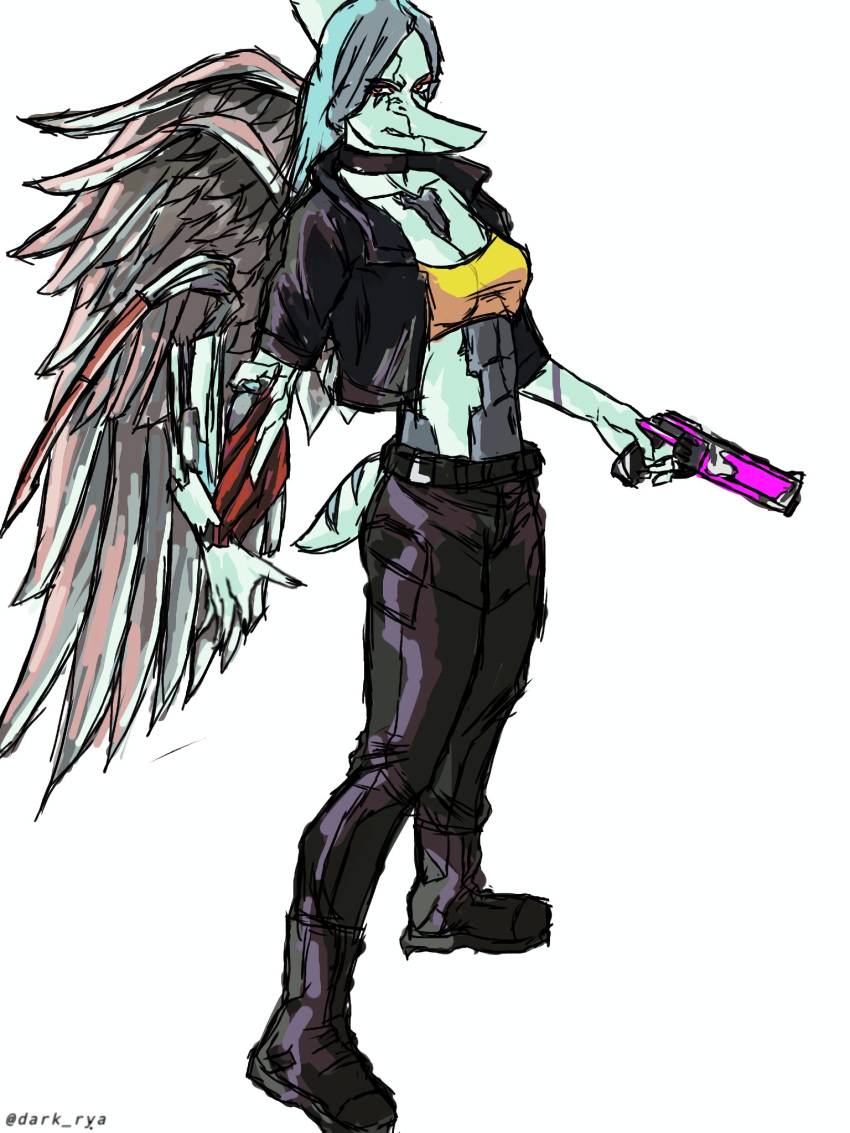 2024 3:4 5_fingers abs alternate_costume anthro artist_name athletic athletic_anthro athletic_female biped black_boots black_bottomwear black_clothing black_footwear black_pants blue_body blue_scales bone_frill boots bottomwear claws clothing colored cosplay cyberpunk_2077 dark_rya eyebrows eyeshadow fang_(gvh) feathered_wings feathers female finger_claws fingers footwear frill_(anatomy) full-length_portrait goodbye_volcano_high grey_body grey_feathers grey_hair grimace gun hair hi_res holding_gun holding_object holding_ranged_weapon holding_weapon humanoid_hands jewelry long_hair looking_aside looking_at_viewer makeup markings navel necklace orange_eyes pants portrait prehistoric_species pterodactylus pterosaur ranged_weapon reptile scales scalie shaded shoes short_tail simple_background solo standing striped_markings stripes tail three-quarter_view weapon white_background wings