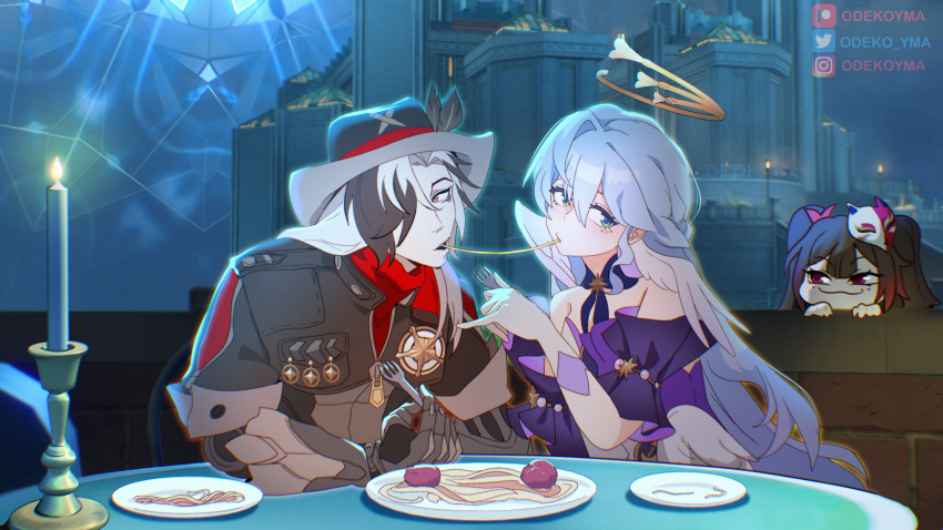 1boy 2girls :3 absurdres bare_shoulders black_hair black_hat black_jacket blue_choker blue_eyes boothill_(honkai:_star_rail) candle choker facial_mark fedora food grey_hair hat highres honkai:_star_rail honkai_(series) jacket lady_and_the_tramp mark_under_both_eyes mask mask_on_head meatball multicolored_hair multiple_girls odeko_yma parody pasta plate robin_(honkai:_star_rail) spaghetti sparkle_(honkai:_star_rail) twintails two-tone_hair white_hair