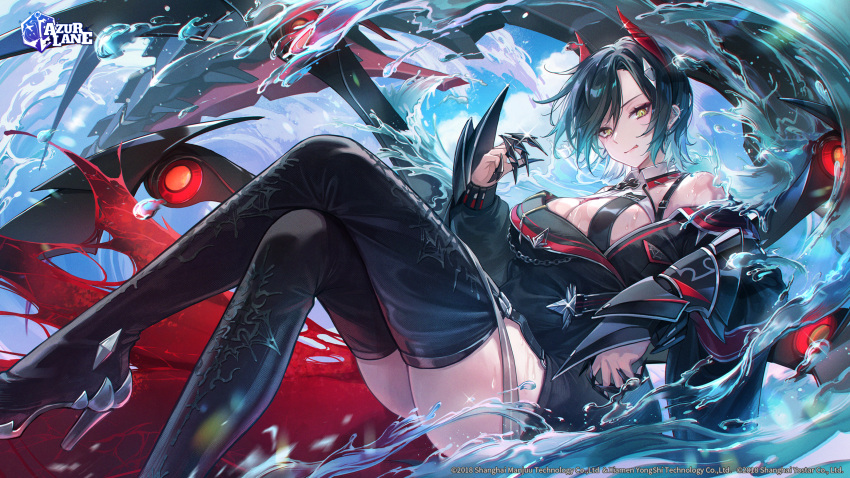 azur_lane bare_shoulders black_hair black_jacket black_thighhighs blue_hair breast_strap breasts claw_ring cleavage crossed_legs ear_piercing female high_heels highres horns jacket kyusoukyu large_breasts looking_at_viewer mechanical_horns official_art piercing red_horns second-party_source short_hair slit_pupils smile solo thighhighs thighs ulrich_von_hutten_(azur_lane) water yellow_eyes