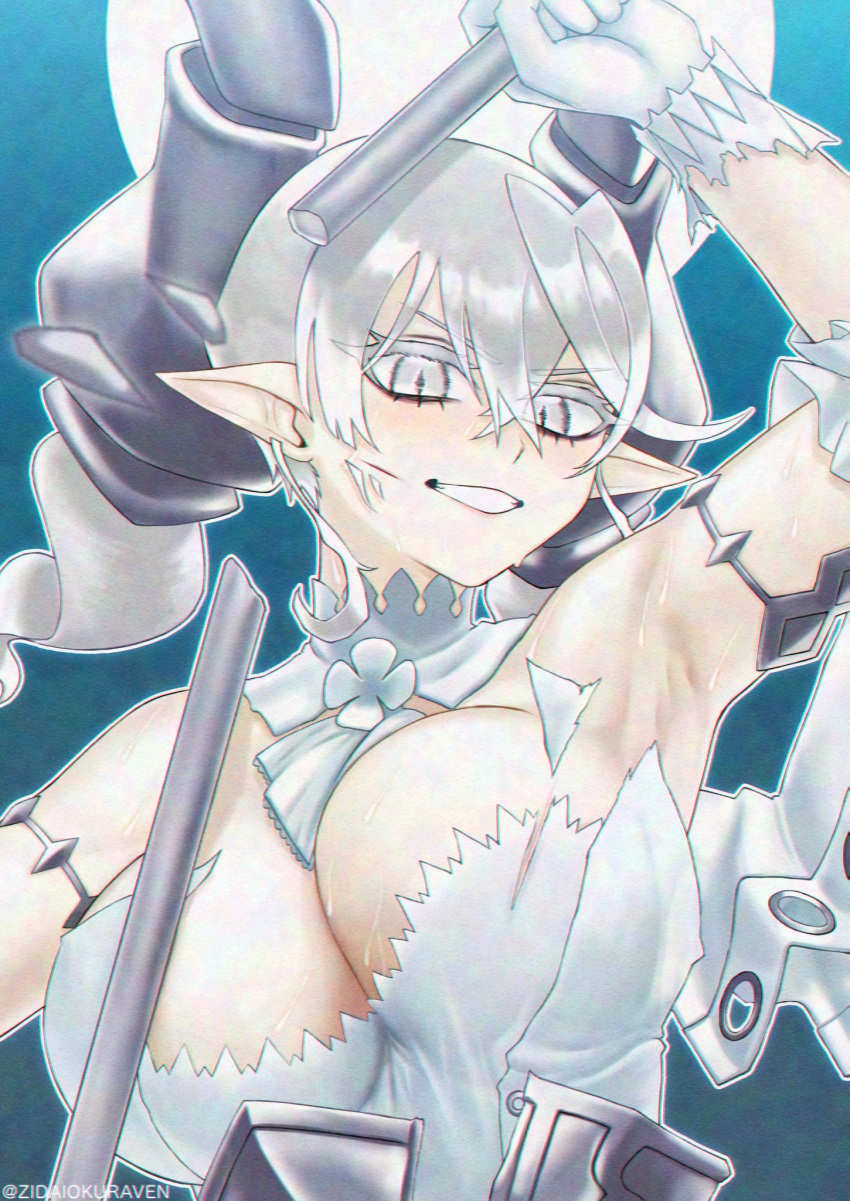 armpits bare_shoulders breasts broken broken_weapon cleavage demon_girl demon_horns dress drill_hair duel_monster female full_moon gloves grey_eyes grey_hair highres holding holding_polearm holding_weapon horns large_breasts long_hair lovely_labrynth_of_the_silver_castle moon pointy_ears polearm scar scar_on_face slit_pupils solo torn_clothes torn_dress twin_drills weapon white_gloves yu-gi-oh! zidai_okuraven