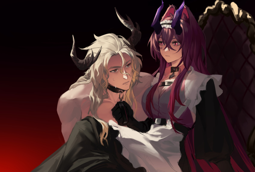 1boy arknights ascalon_(arknights) assertive_female black_background blonde_hair breasts carrying chains choker cleavage clothed_female_nude_male demon_horns female gradient_background grey_eyes highres holding holding_chain horns long_hair maid maid_headdress manfred_(arknights) muscular muscular_male nude pink_eyes princess_carry purple_hair red_background red_pupils simple_background topless_male yujingtong