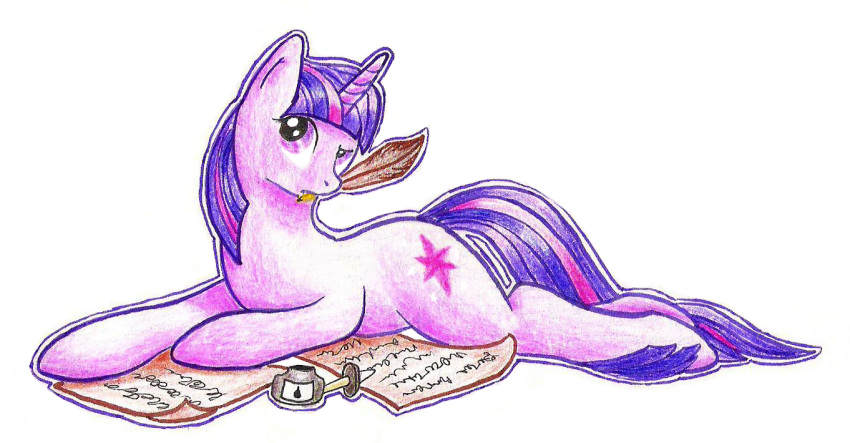 2012 ambiguous_gender braeburned colored_pencil_(artwork) cutie_mark equid equine female_(lore) feral friendship_is_magic fur hasbro hooves horn inkwell loose_feather lying mammal mane my_little_pony mythological_creature mythological_equine mythology on_front paper purple_body purple_eyes purple_fur purple_horn purple_mane purple_tail quill shaded simple_background solo tail thinking thoughtful_expression traditional_media_(artwork) twilight_sparkle_(mlp) unguligrade unicorn white_background writing_text