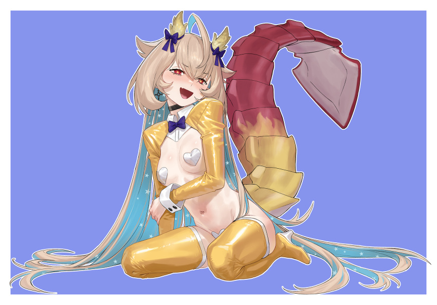 agemmata ahoge aqua_hair black_bow black_choker blonde_hair boots bow bowtie choker dragon_horns dragon_tail female heart_maebari heart_pasties high_heel_boots high_heels highres horn_bow horn_ornament horns huge_ahoge long_hair maebari meme_attire navel open_mouth pasties phase_connect purple_background purple_bow purple_bowtie red_eyes reverse_bunnysuit reverse_outfit solo star-shaped_pupils star_(symbol) star_print symbol-shaped_pupils tail thigh_boots utatane_nasa virtual_youtuber yellow_footwear yellow_pupils yellow_shrug