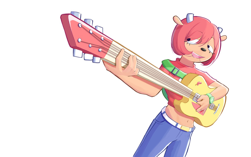 animal_ears black_eyes blue_pants colored_skin denim female furry furry_female guitar highres holding holding_guitar holding_instrument holding_plectrum instrument jeans lammy_(um_jammer_lammy) music navel open_mouth orange_skin pants parappa_the_rapper playing_instrument plectrum radabacaxi red_hair red_shirt sheep_ears sheep_girl shirt short_hair simple_background solo um_jammer_lammy white_background