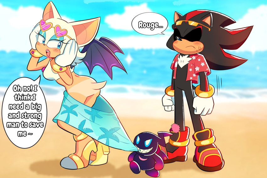 anthro ass bat beach blush bottomless chao_(sonic) character_chao clothed clothing coppertone_(sunscreen) coppertone_pose eulipotyphlan exhibitionism faux_embarrasment female flirting_look group hedgehog hi_res male male/female mammal manysart1 public public_nudity rouge_the_bat seductive sega shadow_chao shadow_the_hedgehog shameless sonic_the_hedgehog_(series) teasing trio wardrobe_malfunction