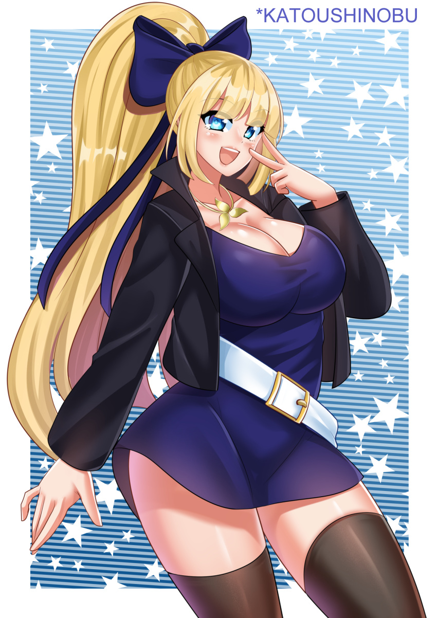 animification belt blonde_hair blue_eyes blunt_bangs breasts commission dress earrings female gravity_falls happy highres jewelry katou_shinobu large_breasts long_hair looking_at_viewer necklace pacifica_northwest smile solo thighhighs v