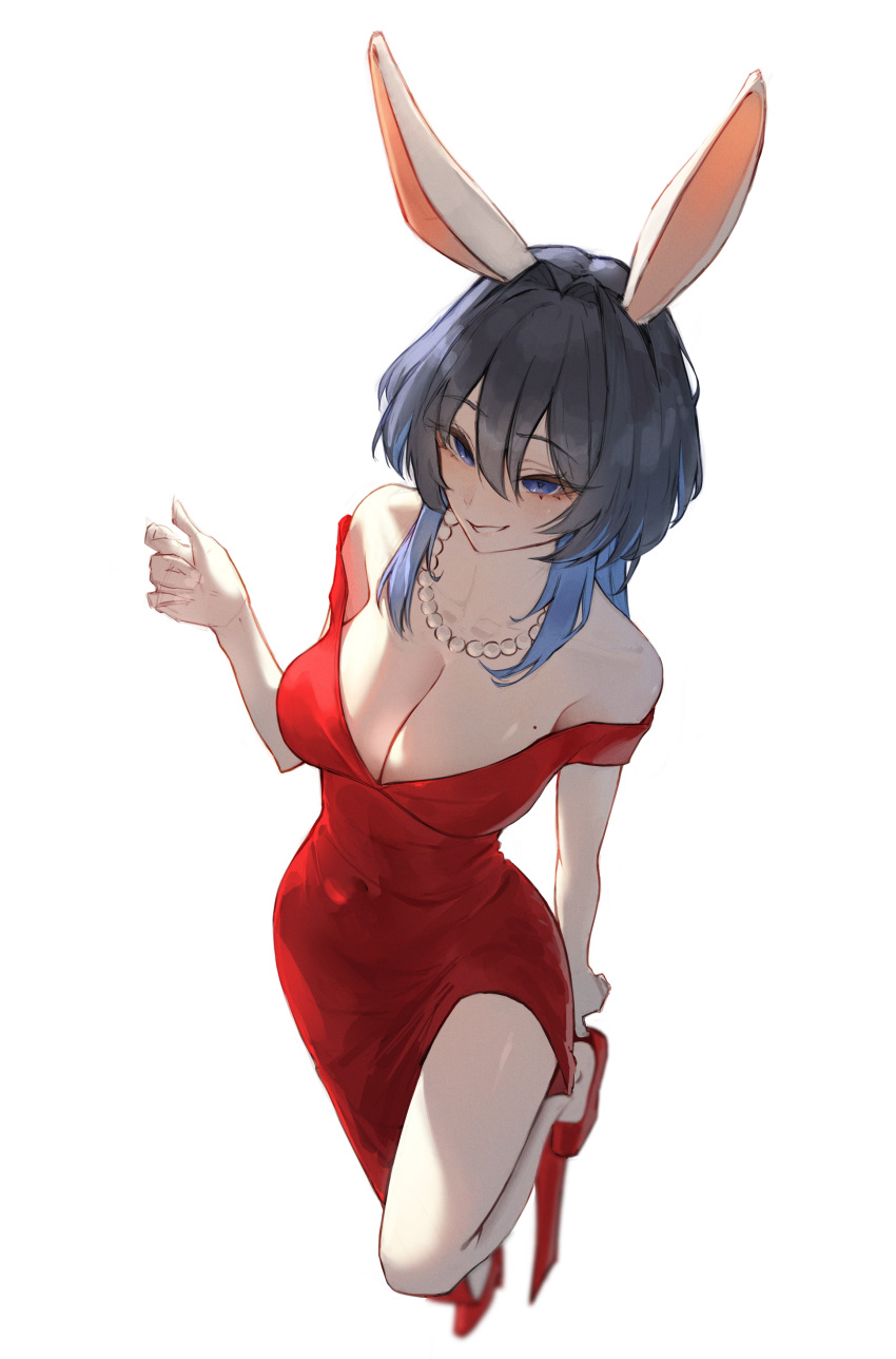 absurdres adjusting_clothes adjusting_shoe animal_ears bead_necklace beads black_hair blue_eyes breasts cosplay covered_navel cupcake_(liar's_bar) cupcake_(liar's_bar)_(cosplay) dress edwin62293123 evening_gown female from_above gradient_hair highres hololive hololive_english jewelry large_breasts liar's_bar long_hair looking_at_viewer multicolored_hair necklace off-shoulder_dress off_shoulder ouro_kronii rabbit_ears red_dress red_footwear simple_background smile solo virtual_youtuber white_background