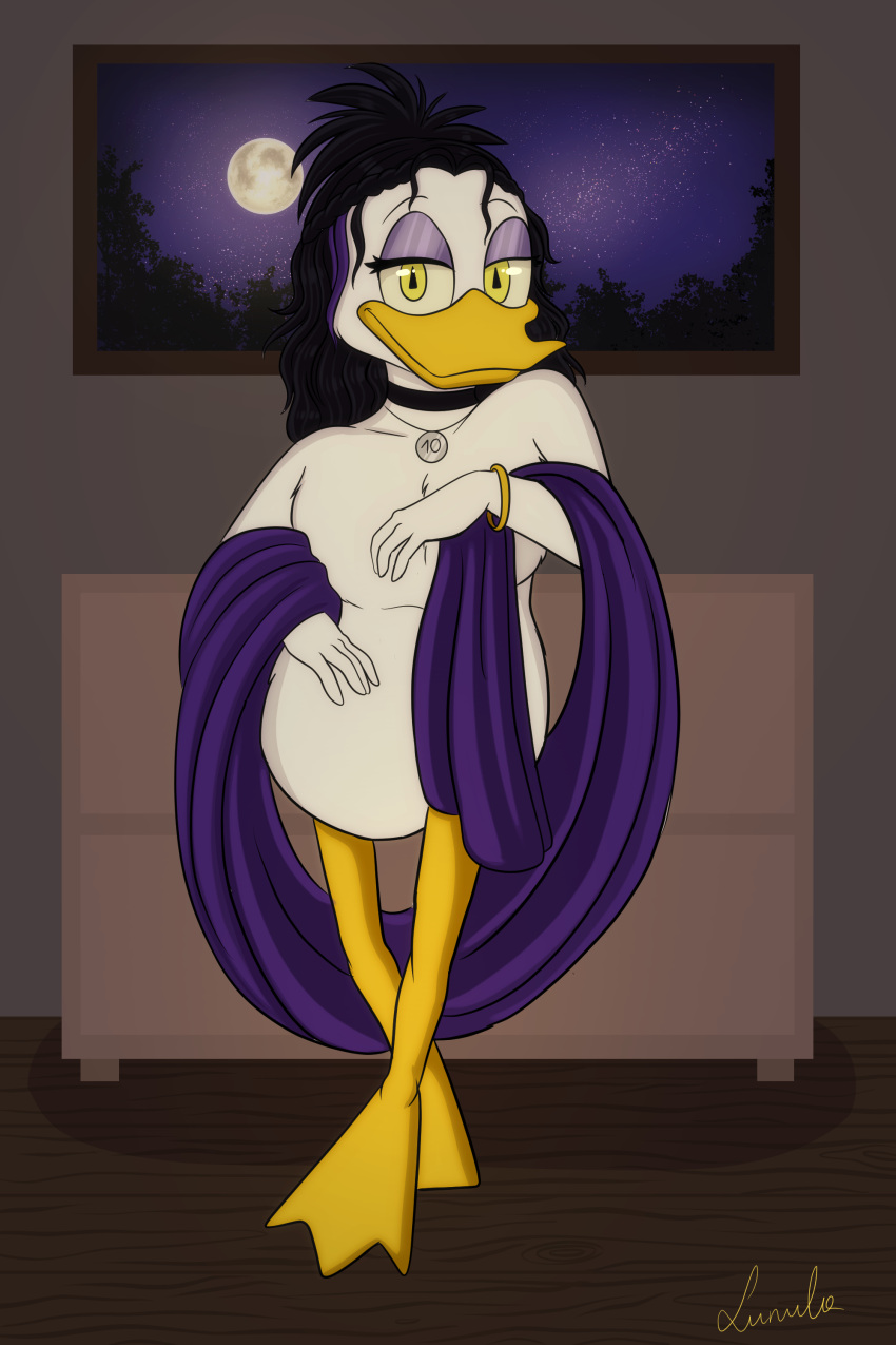 absurd_res anatid anseriform anthro avian avian_butt barefoot bedroom bird clothing disney duck duck_footed ducktales ducktales_(2017) feet female hi_res jewelry kinkypeach large_chest looking_at_viewer magica_de_spell necklace necklace_only nude number_one_dime purple_clothing purple_robe robe solo undressing vintage_pinup