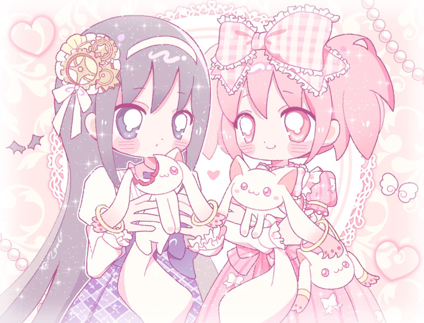 2girls akemi_homura bag black_hair blush_stickers bow character_bag commentary creature deformed dress gear_hair_ornament hairbow handbag holding holding_creature injury jewelry jiana_yinqing kaname_madoka kyuubee lolita_fashion long_hair mahou_shoujo_madoka_magica multiple_girls pastel_colors pink_bow pink_dress pink_eyes pink_hair pink_theme purple_dress purple_eyes ring short_hair short_twintails sweet_lolita symbol-only_commentary twintails