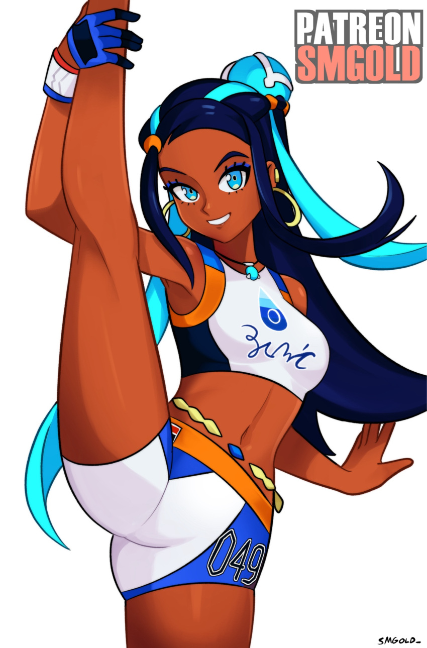 armpits artist_name belly_chain bike_shorts black_hair blue_eyes blue_eyeshadow blue_hair crop_top dark-skinned_female dark_skin earrings eyelashes eyeshadow female gloves highres jewelry linea_alba long_hair looking_at_viewer makeup multicolored_hair navel necklace nessa_(pokemon) patreon_username pokemon pokemon_swsh single_glove smgold smile solo split standing standing_on_one_leg standing_split streaked_hair two-tone_hair white_background white_wristband wristband