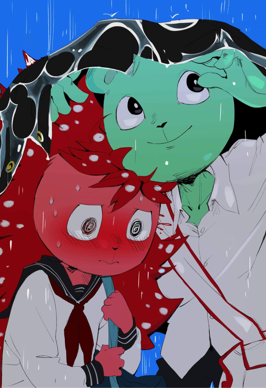 anthro blush clothed clothing duo embarrassed flaky_(htf) flippy_(htf) fur green_body green_fur happy happy_tree_friends hi_res male mammal porcupine raining red_body red_fur rodent shy smile toboki wet