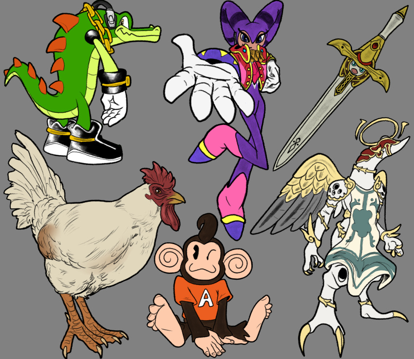 2_toes 3_toes 4_toes absurd_res affinity_(bayonetta) aiai amber_eyes ambiguous_gender angel animate_inanimate anisodactyl anklet anthro armor avian avian_caruncle back_spikes bayonetta bayonetta_(series) beak beckoning bent_knee big_ears bird blade blue_eyes bracelet brown_body brown_feathers brown_fur buckle caliburn chain_around_neck chain_jewelry chain_necklace chains chicken claws clothing comb_(anatomy) countershade_arms countershade_body countershade_face countershade_feet countershade_hands countershade_tail countershade_torso countershading cowlick crocodile crocodilian crocodylid crossguard dahurgthedragon dewlap_(anatomy) drapery_(clothing) electronics english_text extended_hand eyelashes faceless feathers feet feral floating_object footwear fur galliform gallus_(genus) gem gesture gloves gold_(metal) gold_anklet gold_bracelet gold_chain gold_clothing gold_jewelry gold_necklace gold_wings golden_claws green_body green_scales grip group hair halo hand_behind_head handwear haplorhine head_crest headgear headphones headwear helmet hi_res hole_(anatomy) humanoid jewelry levitating levitation living_melee_weapon living_sword living_weapon long_sleeves looking_at_viewer looking_back looking_up male mammal melee_weapon monkey necklace nightmaren nights_(nights_into_dreams) nights_into_dreams nugget_(yakuza) on_one_leg one_eye_closed one_leg_up open_mouth orange_clothing orange_feet orange_shirt orange_spikes orange_topwear phasianid pink_clothing platinumgames primate raised_leg red_clothing red_face red_helmet red_jewel reptile scaled_legs scales scalie sega shirt shoes silver_wings simple_background simple_face sitting sleeveless_shirt small_wings smile sonic_and_the_black_knight sonic_storybook_series sonic_the_hedgehog_(series) spikes spikes_(anatomy) standing suit super_monkey_ball sword tail tail_feathers talons tan_body tan_ears tan_face tan_feet tan_hands tan_skin text text_on_clothing text_on_shirt text_on_topwear thick_eyelashes toe_claws toes topwear vector_the_crocodile wattle weapon white_body white_feathers white_sleeves wings wings_on_back wink winking_at_viewer yakuza_(series) yakuza_0 yellow_beak