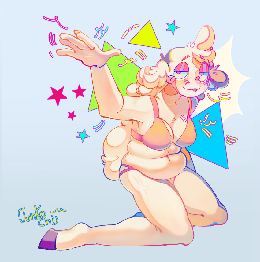 anthro bikini blush blush_lines bovid caprine clothing eyeliner female happy hi_res hooves junkochi makeup mammal pink_eyes purple_hooves sheep slightly_chubby slightly_chubby_female solo star stretch_marks swimwear tabs tongue tongue_out