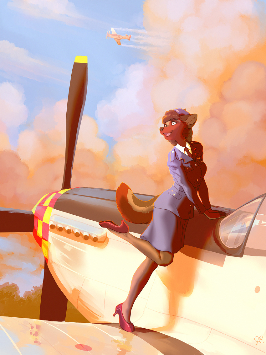 2021 aircraft airplane anthro aviation breasts canid canine canis clothed clothing day detailed_background digital_media_(artwork) domestic_dog female flight_jacket hair hi_res mammal open_mouth outside p-51_mustang sky smile solo teeth thelupinprincess tongue vehicle