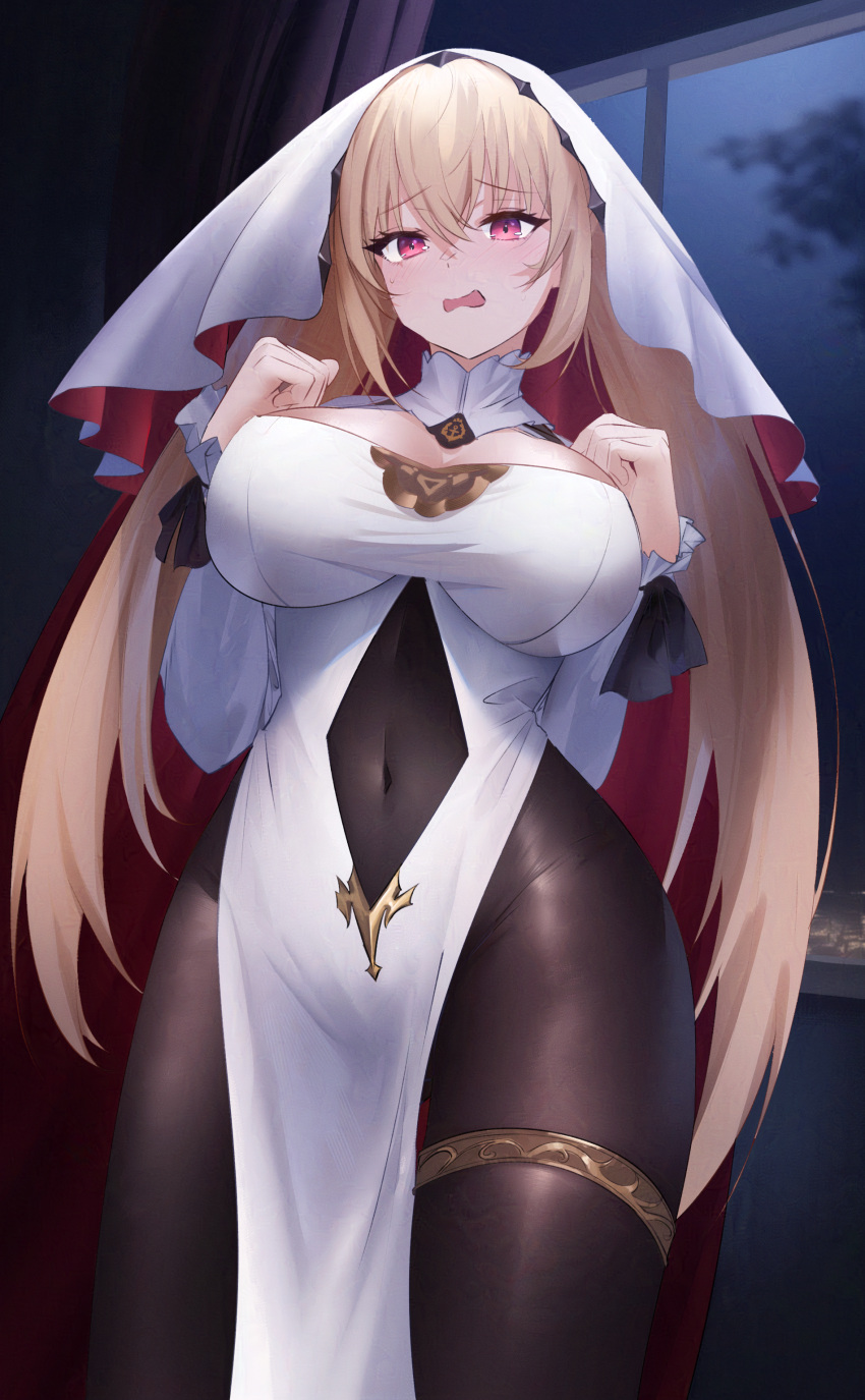 absurdres azur_lane black_bodysuit blonde_hair blush bodysuit breasts cleavage clenched_hands clothing_cutout commentary_request covered_navel cowboy_shot curtains dress female hair_between_eyes highres indoors kersaint_(azur_lane) large_breasts long_hair long_sleeves looking_at_viewer navel_cutout night open_mouth partial_commentary pelvic_curtain rausu_(undeadmachine) red_eyes sidelocks skindentation solo standing thighlet veil white_dress white_veil window