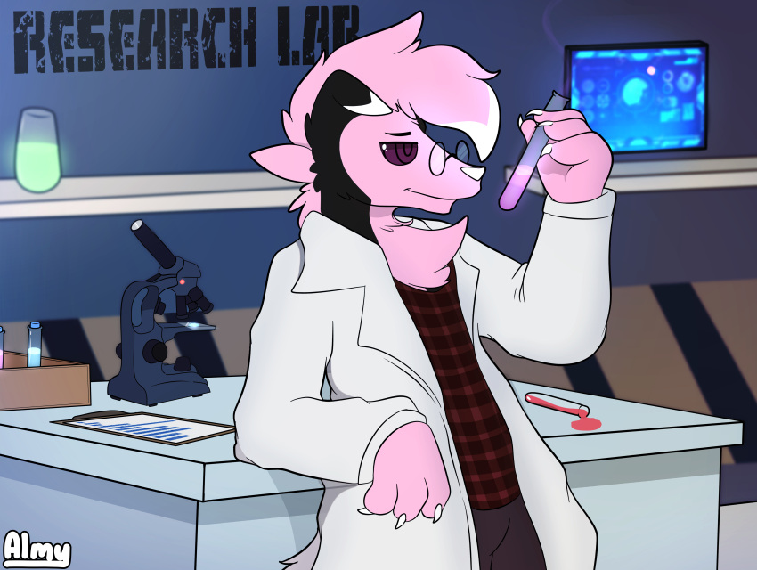 absurd_res almy anthro canid canine eyewear flannel_shirt generation_7_pokemon glasses hi_res laboratory_equipment laboratory_glassware lycanroc male mammal microscope midnight_lycanroc nintendo pokemon pokemon_(species) relaxing scientific_instrument scientist screen smile solo tarroc_(original_character) test_tube