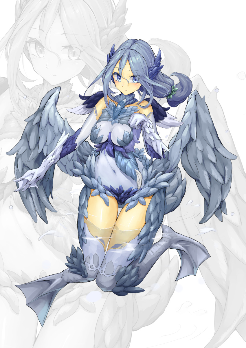 absurdres bird_legs blue_eyes blue_feathers blue_wings blush breasts commentary_request feathered_wings feathers female hair_between_eyes harpy highres long_hair low_ponytail medium_breasts midriff monster_girl navel neck_ruff original partially_submerged shitoi_(aqua1487) solo water webbed_feet webbed_hands wings