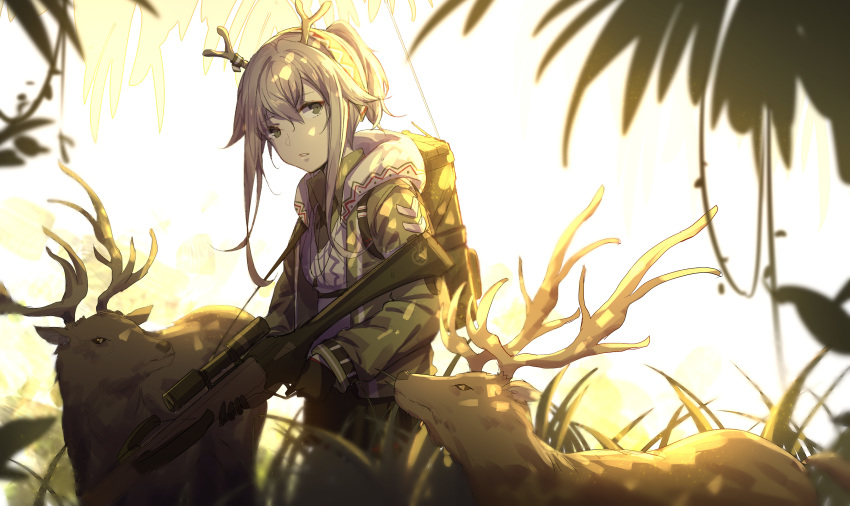 absurdres animal antlers arknights black_gloves bowl commentary cowboy_shot crossbow elk female firewatch_(arknights) gloves grey_eyes grey_hair grey_jacket hair_between_eyes highres holding holding_bowl horns jacket long_hair long_sleeves looking_at_viewer parted_lips ponytail weapon yumuto_(spring1786)