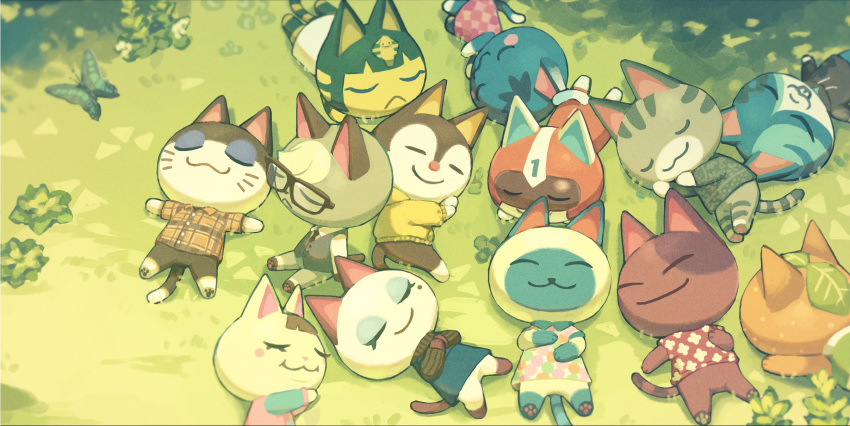 6+boys 6+girls :3 animal_crossing animal_ears ankha_(animal_crossing) argyle_clothes argyle_dress arms_up barefoot black-framed_eyewear black_necktie black_sweater black_vest blonde_hair blue_dress blue_eyeshadow blue_hair blue_sleeves blunt_bangs blush_stickers bob_(animal_crossing) bodysuit bottomless brown_hair brown_shirt brown_sleeves buck_teeth bug butterfly cat_ears cat_tail closed_eyes closed_mouth commentary day drawstring dress egyptian eyeshadow facial_mark feline flat_chest floral_print full_body furry glasses grass green_background grey_shirt hair_ornament hand_on_own_chest hand_up hands_up happy helmet highres hood hoodie jacket kid_cat_(animal_crossing) leaf lolly_(animal_crossing) long_sleeves lying makeup merry_(animal_crossing) mitzi_(animal_crossing) moe_(animal_crossing) mole mole_under_eye multicolored_clothes multicolored_dress multicolored_hair multiple_boys multiple_girls necktie olivia_(animal_crossing) on_back on_side on_stomach outdoors outstretched_arms own_hands_together pawpads pink_shirt plaid plaid_shirt polka_dot polka_dot_dress punchy_(animal_crossing) raglan_sleeves raymond_(animal_crossing) red_bodysuit red_headwear red_shirt rosie_(animal_crossing) rudy_(animal_crossing) saino_misaki shirt short_hair short_sleeves sitting smile snake_hair_ornament spread_arms spread_legs sweater swept_bangs tail tangy_(animal_crossing) teeth two-tone_hair vest whisker_markings white_dress white_shirt yellow_jacket