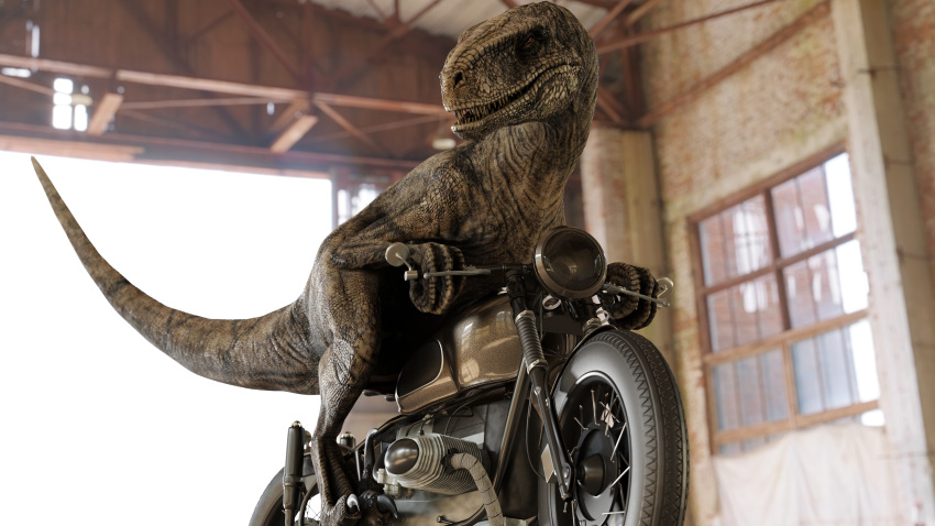 16:9 3d_(artwork) 4k absurd_res ambiguous_gender atrociraptor building claws detailed_background digital_media_(artwork) dinosaur dromaeosaurid extinct feral hi_res inside ivorylagiacrus jurassic_park jurassic_world jurassic_world:_dominion looking_at_viewer motorcycle open_mouth prehistoric_species pupils raised_tail red_eyes reptile riding_motorcycle scales scalie sharp_teeth slit_pupils smile solo tail teeth theropod toe_claws universal_studios vehicle widescreen