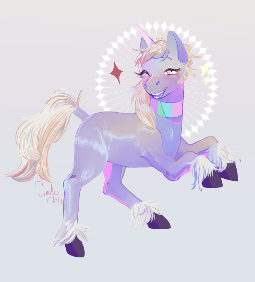 choker equid equine fantasy female feral fur hair hi_res hooves horn horse jewelry junkochi mammal mythological_creature mythological_equine mythology necklace one_eye_closed pink_eyes pink_horn purple_body purple_fur purple_tongue smile solo tongue unicorn unicorn_horn white_hair wink