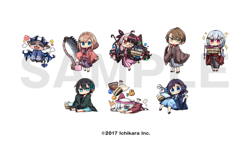 2boys 5girls ahoge aiba_uiha ars_almal black_hair blue_eyes blue_hair blues_(nijisanji) blush blush_stickers braid brown_eyes brown_hair bucket chibi closed_mouth commentary_request controller debidebi_debiru demon demon_horns demon_tail demon_wings earrings flying game_controller grey_hair hair_ornament hakase_fuyuki haori highres holding holding_wand horns japanese_clothes jewelry kagami_hayato kanikama kimono long_sleeves mayuzumi_kai medium_hair multicolored_hair multiple_boys multiple_girls nijisanji official_art one_eye_closed open_mouth red_eyes red_hair rubber_duck sample_watermark sandals saw saw_cleaver shampoo_bottle simple_background sleeves_past_fingers sleeves_past_wrists smc-gumi_(nijisanji) smile steam streaked_hair striped_clothes striped_kimono stuffed_animal stuffed_toy suzuhara_lulu tail teddy_bear towel tripping two-tone_hair vertical-striped_clothes vertical-striped_kimono virtual_youtuber wand watermark white_background wings x_hair_ornament yorumi_rena yukata