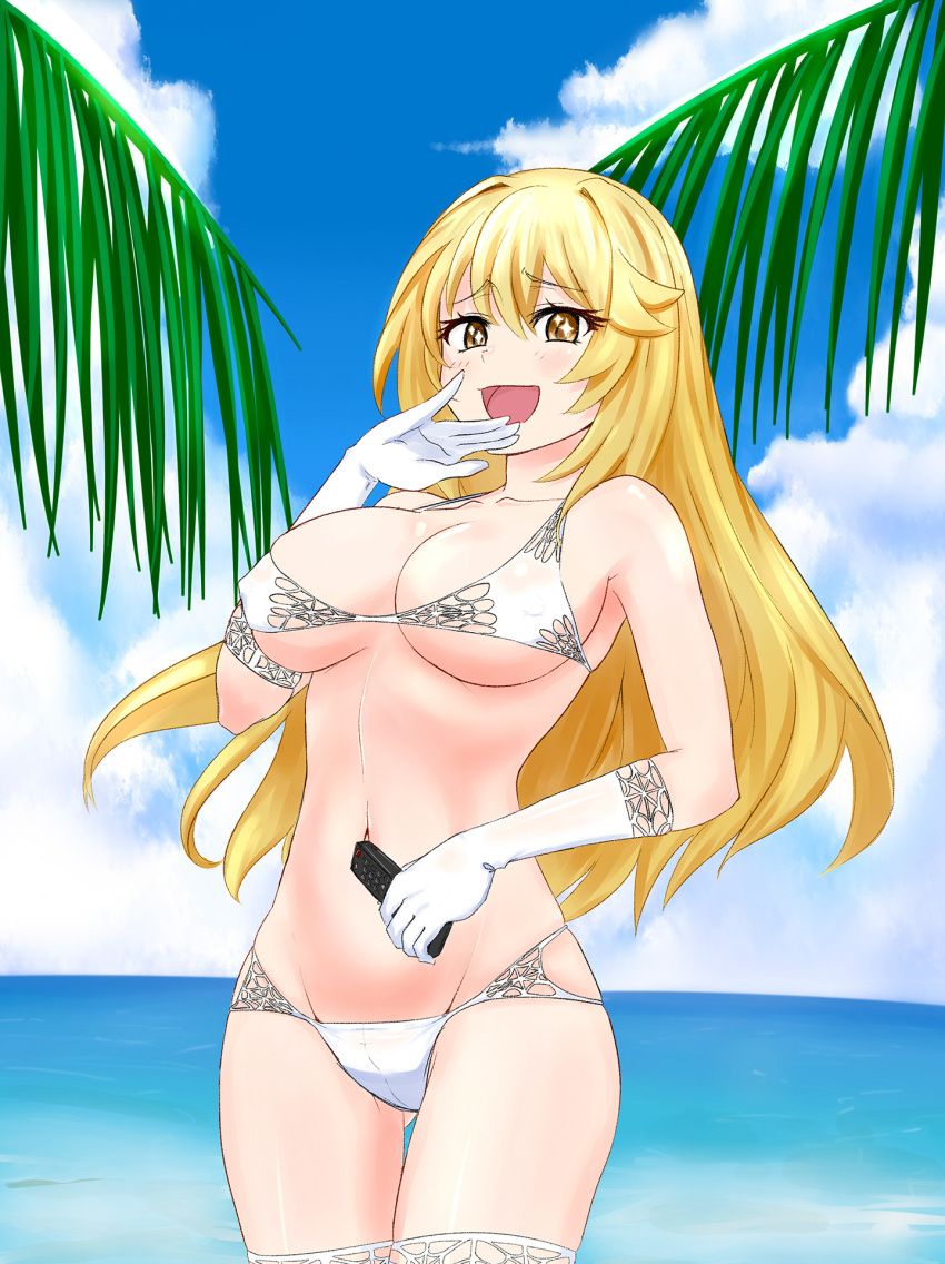 bikini blonde_hair blue_sky breasts cloud commentary controller english_commentary female gloves highres horizon large_breasts laughing long_hair looking_at_viewer ocean outdoors photoshop_(medium) remote_control shokuhou_misaki sky solo sparkling_eyes spider_web_print swimsuit thighhighs toaru_kagaku_no_railgun toaru_majutsu_no_index viperxtr white_bikini white_gloves white_thighhighs yellow_eyes