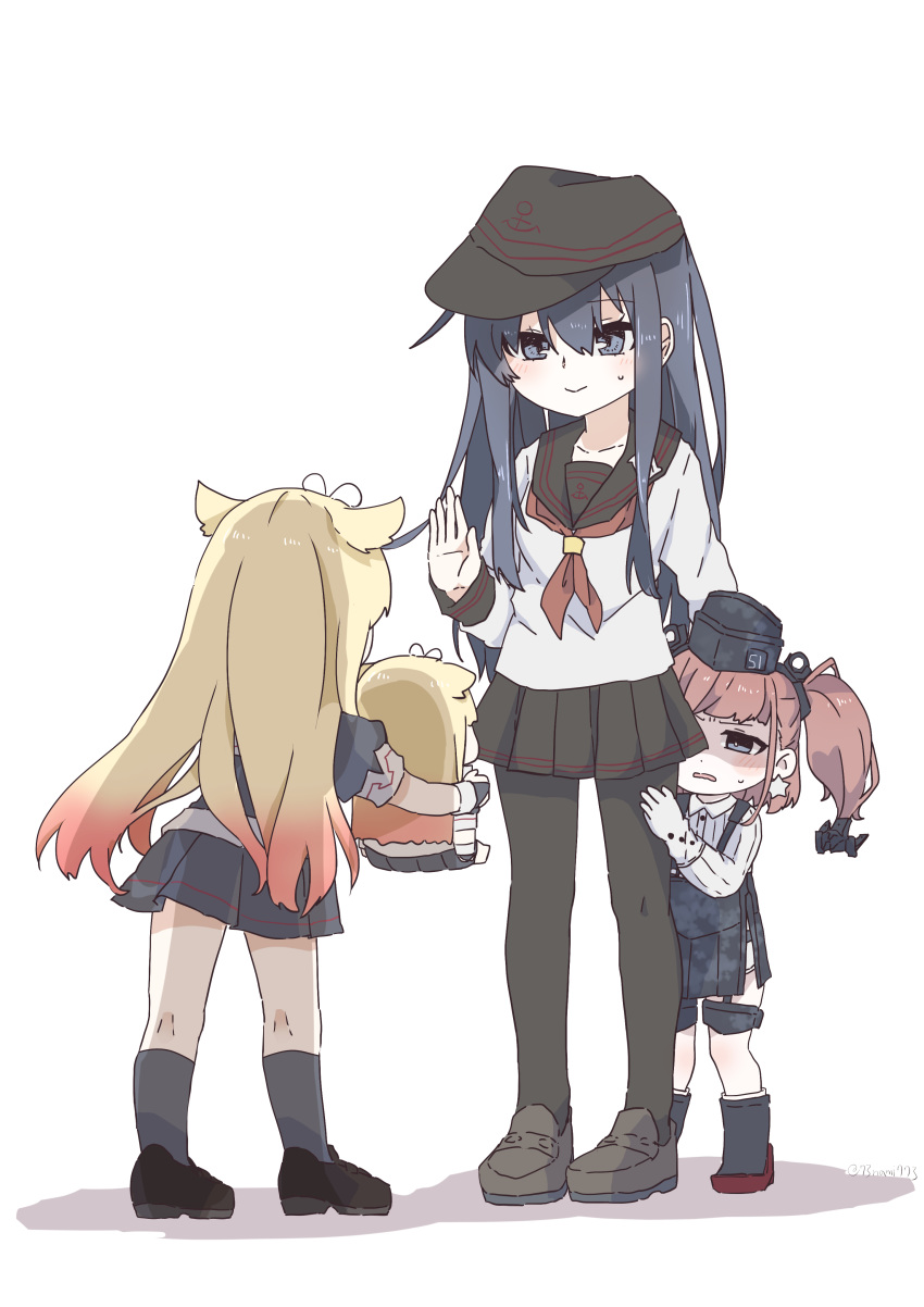 3girls absurdres aged_down aged_up akatsuki_(kancolle) akatsuki_kai_ni_(kancolle) anchor_hair_ornament anchor_symbol atlanta_(kancolle) badge black_footwear black_hair black_headwear black_pantyhose black_ribbon black_sailor_collar black_serafuku black_skirt black_socks blonde_hair boots breasts brown_hair character_doll commentary_request dress_shirt earrings flat_cap garrison_cap garter_straps gradient_hair grey_eyes hair_flaps hair_ornament hair_ribbon hat hiding hiding_behind_another high-waist_skirt highres jewelry kantai_collection loafers lolicon long_hair long_sleeves looking_at_viewer miniskirt multicolored_hair multiple_girls nami_nami_(belphegor-5812) neckerchief pantyhose pleated_skirt red_neckerchief ribbon role_reversal sailor_collar scared scarf school_uniform serafuku shirt shoes simple_background skirt small_breasts socks star_(symbol) star_earrings suspender_skirt suspenders thigh_strap two_side_up white_background white_scarf white_shirt yuudachi_(kancolle) yuudachi_kai_ni_(kancolle)